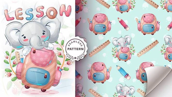 EPS 해외이미지 패턴 가방 일러스트 학교 자 사람없음 펜 귀여움 코끼리캐릭터 해외일러스트 잡화 교육 동물캐릭터 컨셉 무늬 문구용품 코끼리 필기구 파일형식 벡터 이미지허브