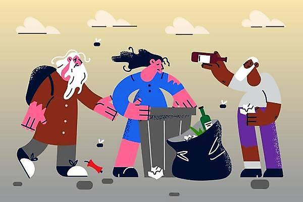 EPS 해외이미지 전신 여자 남자 일러스트 유리병 서기 들기 성인 세명 쓰레기통 가난 쓰레기봉투 거지 노숙자 빈곤층 성인만 줍기 해외일러스트 컨셉 모션 병_용기 봉투 사람 파일형식 벡터 이미지허브