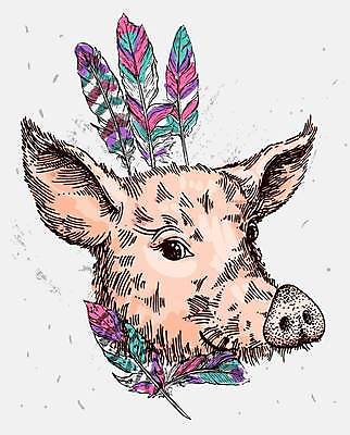 EPS 해외이미지 일러스트 미술 사람없음 장식 돼지 스케치 깃털 그림 스타일 해외일러스트 포유류 문화예술 파일형식 벡터 이미지허브