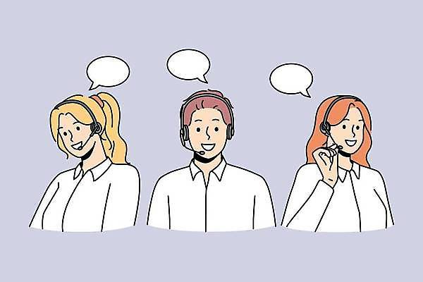 EPS 해외이미지 여자 남자 말풍선 일러스트 비즈니스 상반신 성인 세명 헤드셋 잡기 비즈니스맨 비즈니스우먼 상담원 텔레마케팅 성인만 해외일러스트 음향기기 모션 사람 헤드폰 직장인 사무원 서비스업 파일형식 벡터 이미지허브