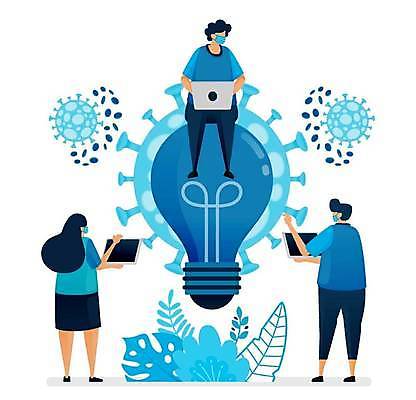 EPS 해외이미지 전신 여자 남자 잎 일러스트 비즈니스 전구 마스크 앉기 성인 세명 파란색 노트북 바이러스 스마트 성인만 해외일러스트 식물 컬러 컨셉 모션 사람 전자제품 파일형식 벡터 이미지허브