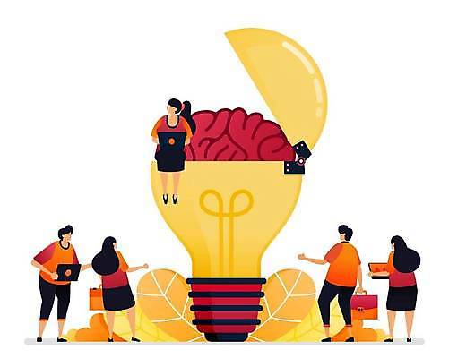 EPS 해외이미지 전신 여자 남자 잎 서류가방 일러스트 비즈니스 전구 앉기 여러명 성인 노트북 노란색 뚜껑 스마트 뇌 성인만 해외일러스트 식물 컬러 다수 컨셉 가방 모션 사람 전자제품 파일형식 벡터 이미지허브