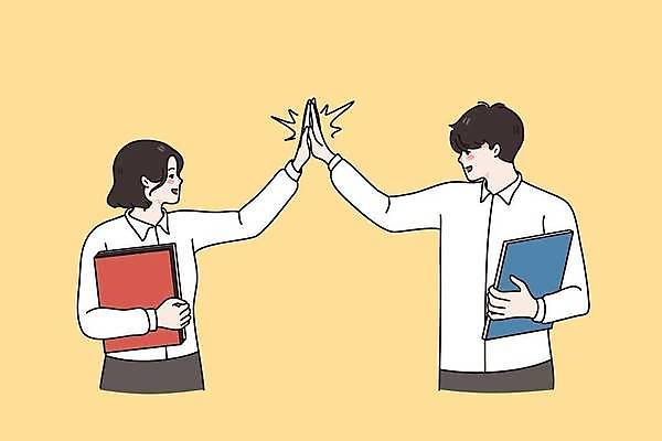 EPS 해외이미지 디자인 여자 남자 일러스트 비즈니스 협력 들기 성인 두명 마주보기 비즈니스맨 하이파이브 성인만 해외일러스트 모션 사람 손짓 직장인 파일형식 벡터 이미지허브