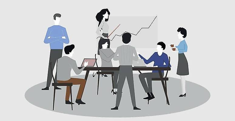 EPS 해외이미지 전신 여자 남자 의자 일러스트 회의 협력 여러명 성인 노트북 회색 비즈니스맨 비즈니스우먼 발표 책상 동료 회의실 얼굴없음 성인만 해외일러스트 컬러 가구 다수 비즈니스 관계 사람 전자제품 직장인 파일형식 벡터 이미지허브