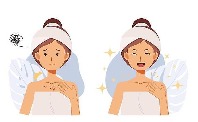 EPS 해외이미지 여자 행복 얼굴 컨셉 신체 일러스트 사람 치료 빨간색 점 플랫 위생 만화 피부 피부관리 문제 보여주기 고립 궤 전후 해외일러스트 감정 컬러 의학 모션 신체부위 뷰티 비교 파일형식 벡터 이미지허브