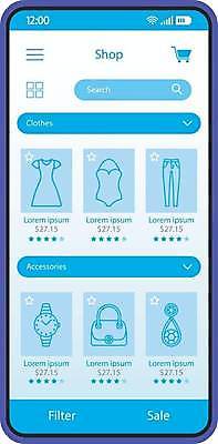 EPS 해외이미지 잡화 옷 일러스트 모바일 사람없음 파란색 스마트폰 어플리케이션 온라인쇼핑 UI 검색창 온라인몰 온라인쇼핑몰 인터페이스 즐겨찾기 해외일러스트 컬러 핸드폰 스마트기기 쇼핑 쇼핑몰 온라인 파일형식 벡터 이미지허브