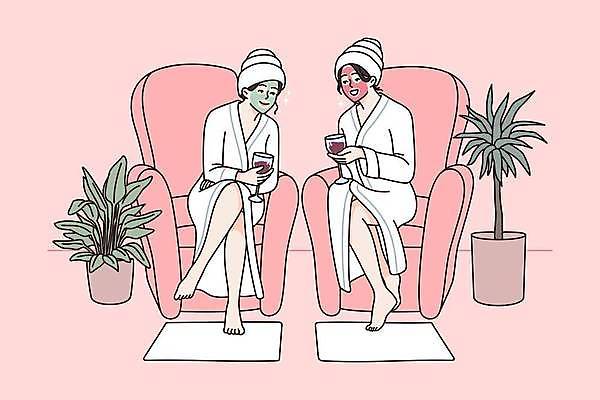 EPS 해외이미지 전신 여자 화분 와인잔 일러스트 휴식 함께함 앉기 성인 두명 친구 소파 와인 스파 우정 다리꼬기 목욕가운 팩 성인여자만 해외일러스트 컨셉 술잔 의자 관계 모션 주류 사람 화장품 가운 여자만 성인만 파일형식 벡터 이미지허브