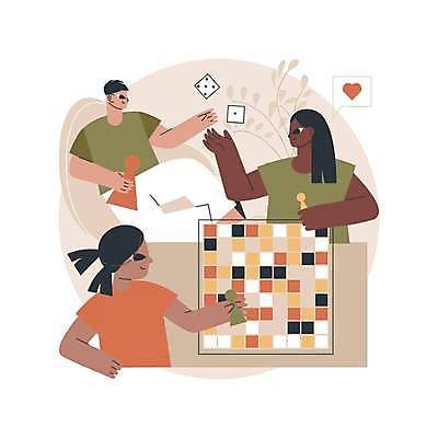 EPS 해외이미지 여자 남자 어린이 말풍선 일러스트 가족 탁자 들기 앉기 상반신 성인 세명 게임 하트 말_게임 주사위 보드게임 해외일러스트 모양 가구 관계 모션 놀이 사람 파일형식 벡터 이미지허브