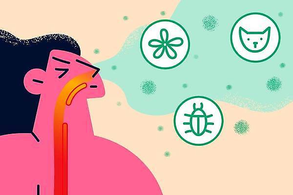 EPS 해외이미지 여자 꽃 일러스트 한명 상반신 성인 고양이 호흡기관 벌레 호흡 먼지 호흡기질환 알레르기 성인여자한명만 해외일러스트 식물 1 곤충 포유류 사람 반려동물 장기_의학 질병 여자한명만 성인여자만 파일형식 벡터 이미지허브