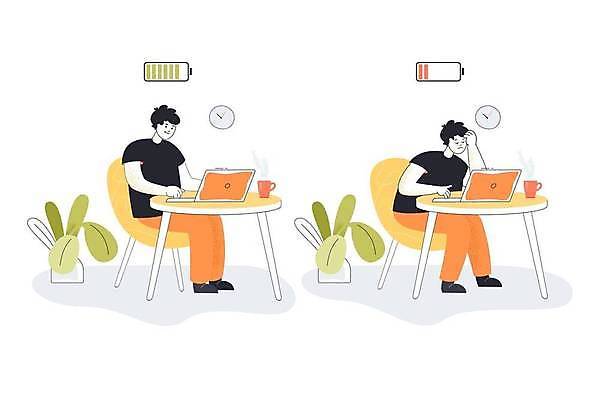EPS 해외이미지 전신 남자 의자 일러스트 피곤 앉기 성인 두명 노트북 턱괴기 업무 비즈니스맨 전기에너지 건전지 충전 방전 성인남자만 번아웃증후군 해외일러스트 가구 컨셉 비즈니스 모션 사람 전자제품 에너지 작업 직장인 사회이슈 남자만 성인만 파일형식 벡터 이미지허브