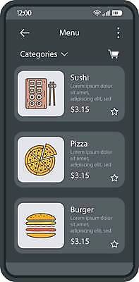 EPS 해외이미지 일러스트 모바일 피자 사람없음 스마트폰 초밥 회색 햄버거 어플리케이션 메뉴 온라인쇼핑 UI 목록 온라인몰 인터페이스 해외일러스트 컬러 패스트푸드 서양음식 핸드폰 스마트기기 쇼핑 온라인 일본음식 파일형식 벡터 이미지허브