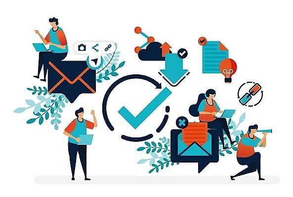 EPS 해외이미지 전신 여자 남자 잎 일러스트 비즈니스 전구 앉기 여러명 성인 망원경 메시지 스마트 체크표시 성인만 해외일러스트 식물 다수 컨셉 모션 사람 확인 파일형식 벡터 이미지허브