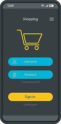 EPS 해외이미지 일러스트 모바일 사람없음 스마트폰 쇼핑카 어플리케이션 온라인쇼핑 UI 로그인 온라인몰 인터페이스 해외일러스트 핸드폰 스마트기기 쇼핑 카트 온라인 파일형식 벡터 이미지허브