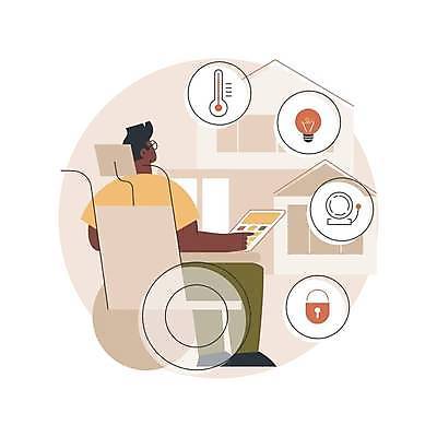 EPS 해외이미지 전신 라이프스타일 남자 일러스트 전구 주택 자물쇠 한명 앉기 성인 스마트폰 온도계 스마트 휠체어 보안 시스템 감시카메라 자동화 조종장치 컨트롤 성인남자한명만 스마트홈 해외일러스트 1 컨셉 모션 안전 사람 건물 생활 핸드폰 스마트기기 카메라 장비 남자한명만 성인남자만 파일형식 벡터 AI_인공지능 이미지허브