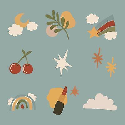 EPS 해외이미지 디자인 별 스티커 잎 일러스트 하늘 사람없음 그래픽 반짝임 세트 립스틱 체리 초승달 유성 해외일러스트 자연요소 식물 과일 모션 화장품 달 파일형식 벡터 이미지허브