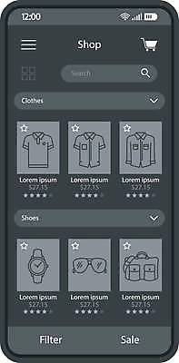 EPS 해외이미지 잡화 상의 일러스트 모바일 사람없음 스마트폰 검은색 어플리케이션 쇼핑몰 온라인쇼핑 UI 검색창 온라인몰 온라인쇼핑몰 인터페이스 즐겨찾기 해외일러스트 옷 컬러 핸드폰 스마트기기 쇼핑 온라인 파일형식 벡터 이미지허브