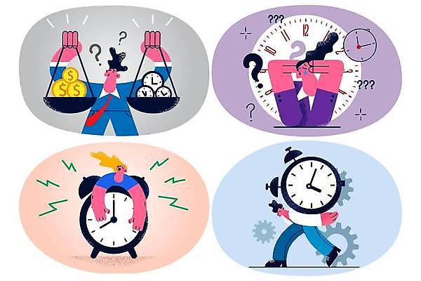 EPS 해외이미지 전신 여자 남자 시계 일러스트 비즈니스 피곤 저울 들기 여러명 상반신 성인 동전 자명종 시간 비즈니스맨 비즈니스우먼 탁상시계 금화 업기 저울질 헷갈림 성인만 해외일러스트 감정 다수 컨셉 돈 모션 사람 알람 직장인 황금 파일형식 벡터 이미지허브