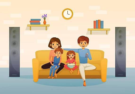 EPS 해외이미지 전신 여자 남자 딸 아들 어린이 일러스트 가족 엄마 선반 들기 앉기 소년 여러명 성인 책 소파 스피커 아빠 리모컨 팝콘 해외일러스트 음향기기 가구 다수 의자 관계 모션 사람 파일형식 벡터 이미지허브