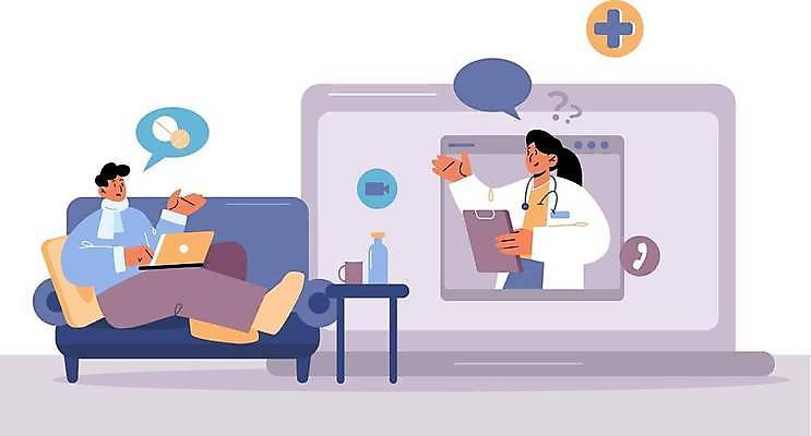 EPS 해외이미지 여자 남자 말풍선 인터넷 일러스트 모바일 건강 병원 들기 앉기 성인 노트북 소파 환자 의사 도움 처방 온라인 서류판 헬프 원격의료 성인만 해외일러스트 컨셉 의자 의학 모션 사람 전자제품 사무용품 진료 의료진 원격 파일형식 벡터 이미지허브