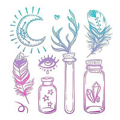 EPS 해외이미지 별 분홍색 하늘색 일러스트 유리병 사람없음 달 하트 보석 라인아트 깃털 눈물 사슴뿔 보헤미아 히피 해외일러스트 자연요소 모양 감정 선 컬러 병_용기 뿔 파란색 광석 파일형식 벡터 이미지허브