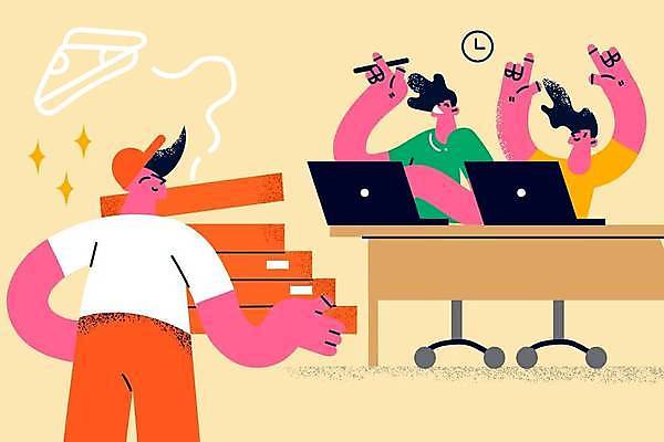 EPS 해외이미지 여자 남자 행복 일러스트 비즈니스 웃음 상반신 성인 세명 노트북 비즈니스우먼 책상 즐거움 점심 환영 배달음식 피자배달 피자배달원 성인만 음식배달 해외일러스트 감정 음식 가구 표정 사람 전자제품 직장인 배달원 배송 배달 파일형식 벡터 이미지허브