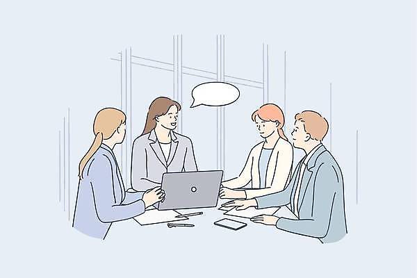 EPS 해외이미지 여자 남자 일러스트 회의 협력 대화 여러명 상반신 성인 노트북 업무 동료 회의실 소통 성인만 해외일러스트 다수 컨셉 비즈니스 관계 말하기 사람 전자제품 작업 파일형식 벡터 이미지허브