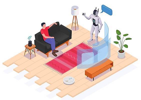 EPS 해외이미지 전신 남자 화분 여유 말풍선 거실 일러스트 조명 한명 앉기 성인 소파 카펫 다리꼬기 스마트 로봇 아이소메트릭 청소로봇 성인남자한명만 AI_인공지능 해외일러스트 1 감정 컨셉 의자 모션 사람 남자한명만 성인남자만 파일형식 벡터 이미지허브