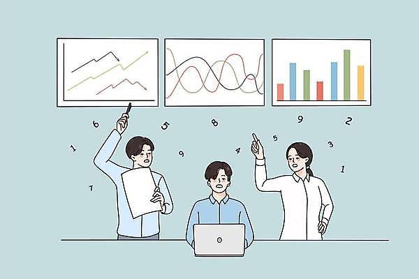 EPS 해외이미지 여자 남자 일러스트 회사 비즈니스 회의 그래프 성인 세명 노트북 숫자 자료 가리킴 비즈니스맨 비즈니스우먼 동료 보고서 성인만 해외일러스트 문자 관계 사람 손짓 전자제품 직장인 파일형식 벡터 이미지허브