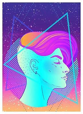 EPS 해외이미지 여자 선 일러스트 한명 상반신 성인 파란색 눈감음 보라색 원형 삼각형 사이버 복고 네온 테크노 성인여자한명만 해외일러스트 도형 1 컬러 모션 사람 여자한명만 성인여자만 파일형식 벡터 이미지허브