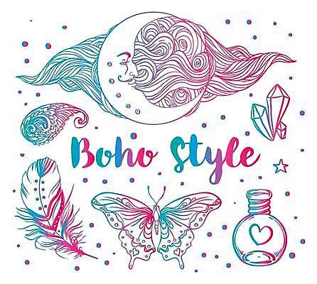 EPS 해외이미지 한마리 분홍색 나비 일러스트 유리병 사람없음 파란색 달 하트 보석 라인아트 깃털 보헤미아 히피 젠탱글 해외일러스트 자연요소 모양 1 선 컬러 곤충 병_용기 광석 파일형식 벡터 이미지허브