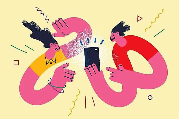 EPS 해외이미지 응시 여자 남자 일러스트 커뮤니케이션 모바일 함께함 웃음 들기 상반신 성인 두명 친구 스마트폰 우정 가리킴 온라인 성인만 해외일러스트 시선 컨셉 관계 모션 표정 사람 손짓 핸드폰 스마트기기 파일형식 벡터 이미지허브