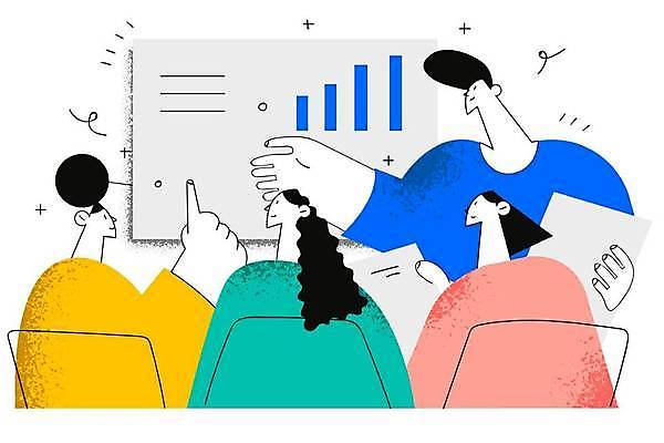 EPS 해외이미지 여자 남자 일러스트 비즈니스 회의 그래프 들기 여러명 상반신 성인 가리킴 업무 비즈니스맨 비즈니스우먼 동료 회의실 성인만 해외일러스트 다수 관계 모션 사람 손짓 작업 직장인 파일형식 벡터 이미지허브