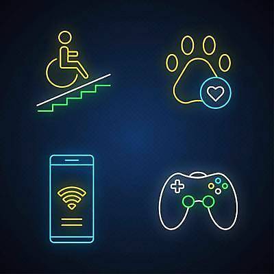 EPS 해외이미지 일러스트 사람없음 빛 스마트폰 하트 장애인 와이파이 네온 리프트 개발자국 게임콘트롤러 장애인전용 네온아트 해외일러스트 모양 핸드폰 스마트기기 발자국 게임기 무선인터넷 장애 파일형식 벡터 이미지허브