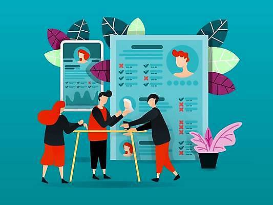 EPS 해외이미지 전신 여자 남자 화분 화초 잎 일러스트 비즈니스 서기 성인 세명 파란색 X 스마트 책상 체크표시 프로필 성인만 해외일러스트 식물 알파벳 컬러 가구 컨셉 모션 사람 확인 파일형식 벡터 이미지허브