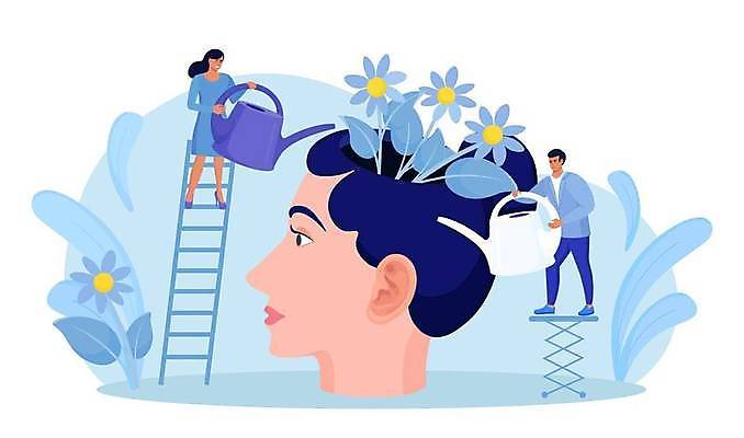 EPS 해외이미지 전신 여자 남자 꽃 얼굴 일러스트 사다리 들기 성인 파란색 물뿌리개 긍정적 물뿌리기 치료사 성인만 정신건강 해외일러스트 식물 직업 감정 컬러 모션 건강 사람 신체부위 도구 파일형식 벡터 이미지허브