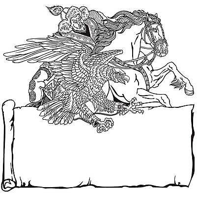 EPS 해외이미지 템플릿 배너 일러스트 흑백 승차 두루마리 윤곽 독수리 사냥꾼 조랑말 라이더 해외일러스트 직업 모션 조류 촬영기법 말_동물 파일형식 벡터 이미지허브