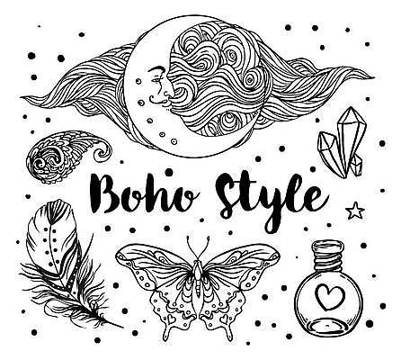 EPS 해외이미지 한마리 나비 일러스트 유리병 사람없음 달 하트 점 보석 라인아트 깃털 보헤미아 히피 해외일러스트 자연요소 모양 1 선 곤충 병_용기 광석 파일형식 벡터 이미지허브