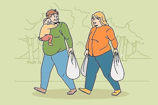 EPS 해외이미지 여자 남자 가방 일러스트 가족 성인 세명 쇼핑 걷기 건강관리 아기 비만 해외일러스트 잡화 관계 모션 건강 관리 사람 몸매 파일형식 벡터 이미지허브