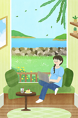 전신 PSD 여자 꽃 화분 여유 커피 바다 섬 쿠션 일러스트 탁자 숙소 휴가 휴식 돌담 한명 앉기 성인 연두색 바캉스 노트북 울타리 제주도 매트 발코니 업무 풀 조각케이크 휴양지 프리랜서 성인여자한명만 워케이션 국내일러스트 식물 직업 1 감정 음료 가구 컨셉 비즈니스 모션 한국 사람 초록색 전자제품 담장 케이크 장소 돌_바위 작업 여자한명만 성인여자만 파일형식
