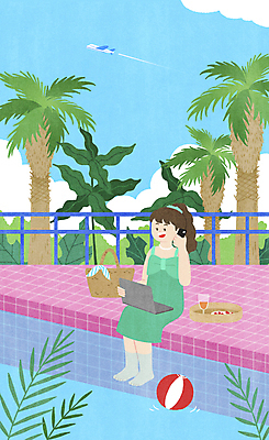 전신 PSD 구름 여자 여유 일러스트 하늘 휴가 휴식 비행기 야외수영장 한명 들기 앉기 성인 여름 바캉스 노트북 스마트폰 울타리 야자수 업무 풀 비치볼 통화 소풍바구니 열대잎 프리랜서 성인여자한명만 워케이션 국내일러스트 자연요소 나무 식물 직업 1 계절 감정 컨셉 잎 비즈니스 공 항공교통 모션 대중교통 바캉스용품 수영장 사람 전자제품 핸드폰 스마트기기 담장 바구니 작업 여자한명만 성인여자만 파일형식