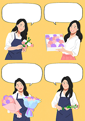 여자 꽃다발 말풍선 일러스트 말하기 미소 웃음 들기 여러명 상반신 성인 주황색 앞치마 사장 꽃집 자영업 보여주기 꽃상자 플로리스트 성인여자만 소상공인 국내일러스트 AI파일 직업 꽃 컬러 다수 비즈니스 모션 표정 사람 경제 상자 상점 상인 여자만 성인만 파일형식 벡터