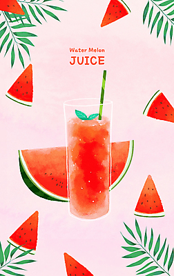 PSD 분홍색 일러스트 여름음식 잔 수박 빨대 사람없음 빨간색 여름 주스 야자수잎 수박조각 수박주스 국내일러스트 식기 계절 음료 음식 컬러 조각 잎 과일 과일주스 파일형식 여름_계절