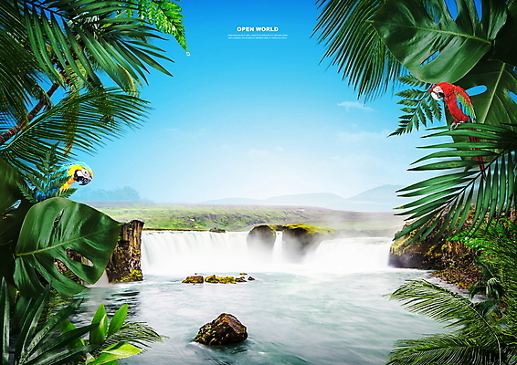 PSD 편집이미지 자연 하늘 풍경 사람없음 폭포 바위 열대우림 앵무새 야자수잎 가상공간 어드벤처 울창 가상현실 이미지편집 잎 조류 돌_바위 숲 생태계 파일형식
