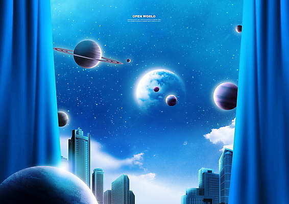PSD 구름 편집이미지 별 지구 밤하늘 빌딩 사람없음 건물 파란색 판타지 우주 행성 커튼 야간 신비 가상공간 몽환 가상현실 메타버스 이미지편집 자연요소 건축물 컬러 컨셉 상상 하늘 파일형식