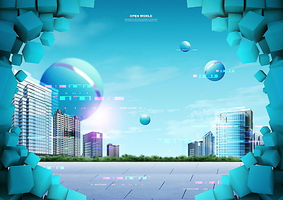 PSD 편집이미지 하늘 빌딩 사람없음 건물 도시 원형 사이버 큐브 정사각형 가상공간 입체도형 홀로그램 가상현실 무너짐 메타버스 이미지편집 도형 건축물 모션 입체 파일형식