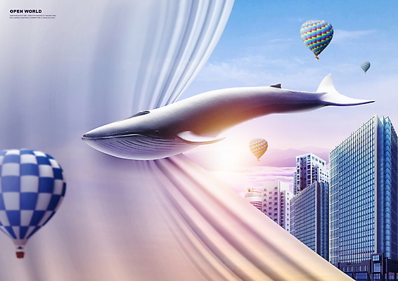 PSD 편집이미지 한마리 하늘 빌딩 사람없음 건물 햇빛 보라색 열기구 비행 도시 커튼 고래 가상공간 가상현실 메타버스 이미지편집 1 건축물 컬러 포유류 항공교통 태양 수중동물 파일형식