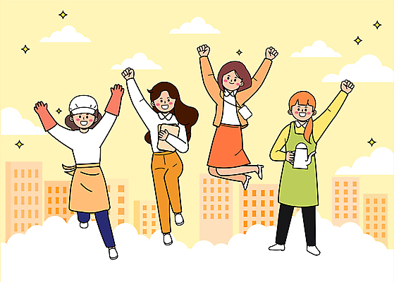 전신 구름 모자 여자 일러스트 응원 노동자 함께함 들기 빌딩 여러명 성인 건물 노란색 손들기 점프 요리사 파이팅 앞치마 주먹 만세 비즈니스우먼 커피포트 문서 자영업 고무장갑 바리스타 사원증 성인여자만 소상공인 국내일러스트 AI파일 자연요소 직업 건축물 잡화 컬러 장갑 다수 컨셉 비즈니스 모션 주전자 사람 경제 직장인 상인 고무 여자만 성인만 파일형식 벡터