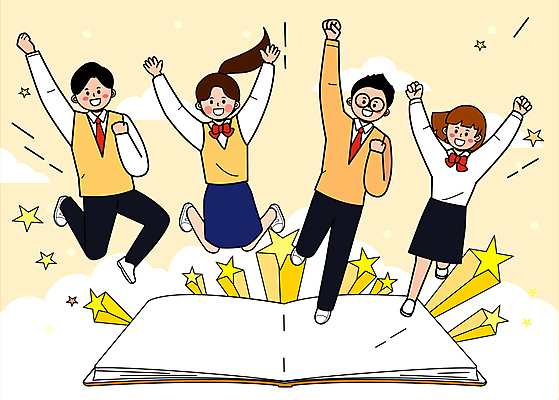 전신 구름 학생 여자 남자 교복 별 일러스트 응원 청소년 함께함 여러명 책 노란색 손들기 점프 파이팅 주먹 만세 수험생 십대만 안경낌 국내일러스트 AI파일 자연요소 옷 안경 컬러 다수 컨셉 모션 고등학생 사람 파일형식 벡터