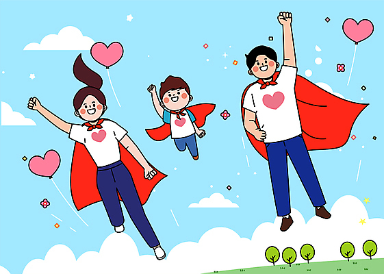 전신 나무 구름 여자 남자 꽃 아들 어린이 하늘색 일러스트 가족 응원 엄마 함께함 소년 성인 공중 세명 손들기 파이팅 주먹 하트 비행 아빠 하트풍선 영웅 빨간망토 슈퍼히어로 국내일러스트 AI파일 자연요소 모양 식물 컨셉 관계 모션 사람 파란색 망토 풍선 파일형식 벡터