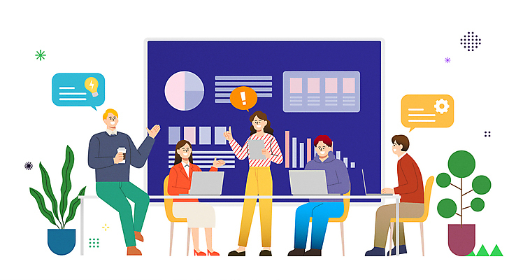 전신 여자 남자 화분 커피 말풍선 의자 일러스트 회의 그래프 협력 직장 함께함 대화 서기 들기 앉기 여러명 성인 노트북 태블릿 손들기 비즈니스맨 비즈니스우먼 책상 동료 창업 테이크아웃컵 회의자료 성인만 벤처기업 국내일러스트 AI파일 음료 가구 다수 컨셉 회사 비즈니스 관계 모션 말하기 사람 컵 전자제품 스마트기기 자료 직장인 자영업 파일형식 벡터